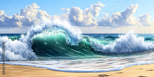 Photorealistic crashing and rolling waves in the ocean, detailed, the ocean in the background, sand in the foreground, blue sky, wide shot, low angle, realistic, style of katherine burns photo