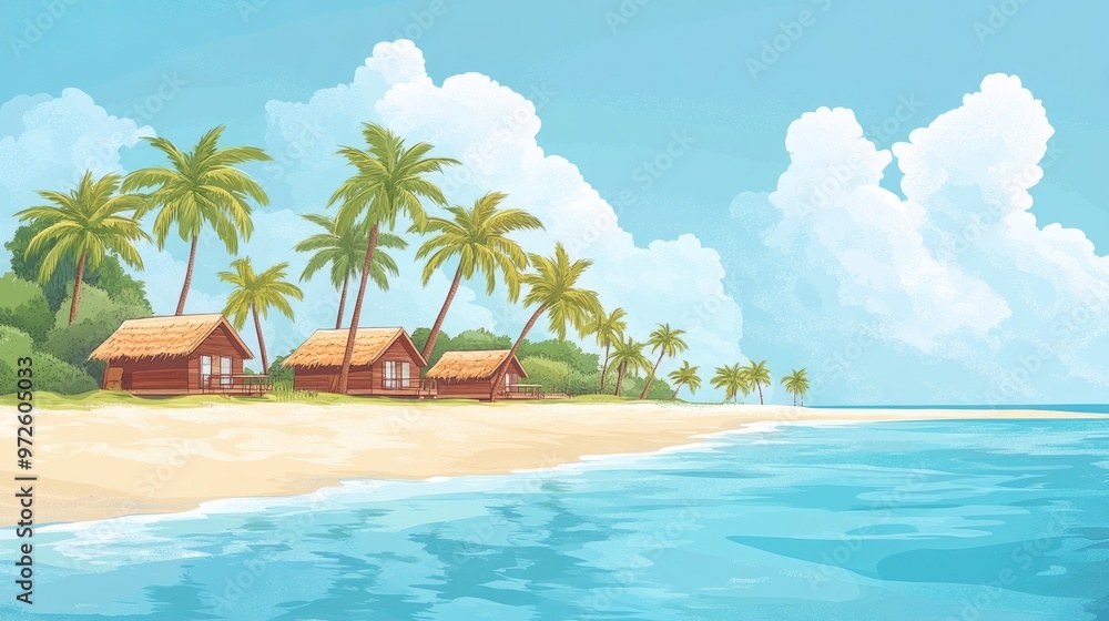 Obraz premium An illustration of a sunny tropical beach with palm trees and beach huts along the shore, offering a calm, island getaway feel.