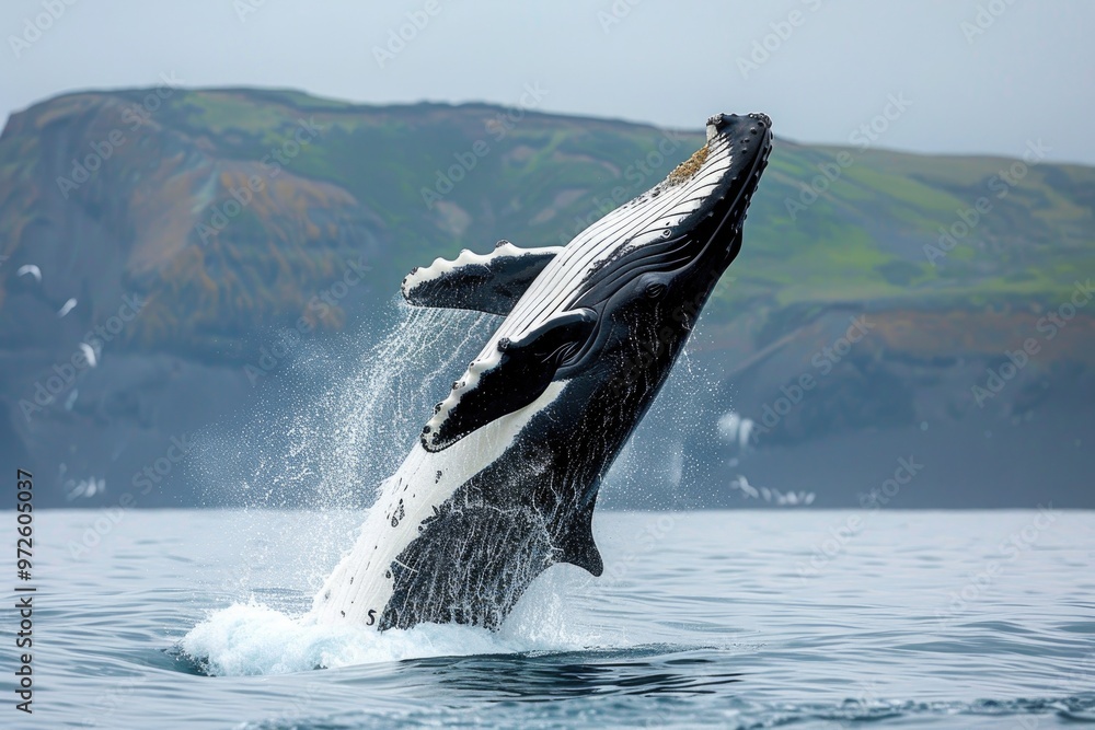 Fototapeta premium Humpback Whale Breaching in Ocean Against Blue Sky