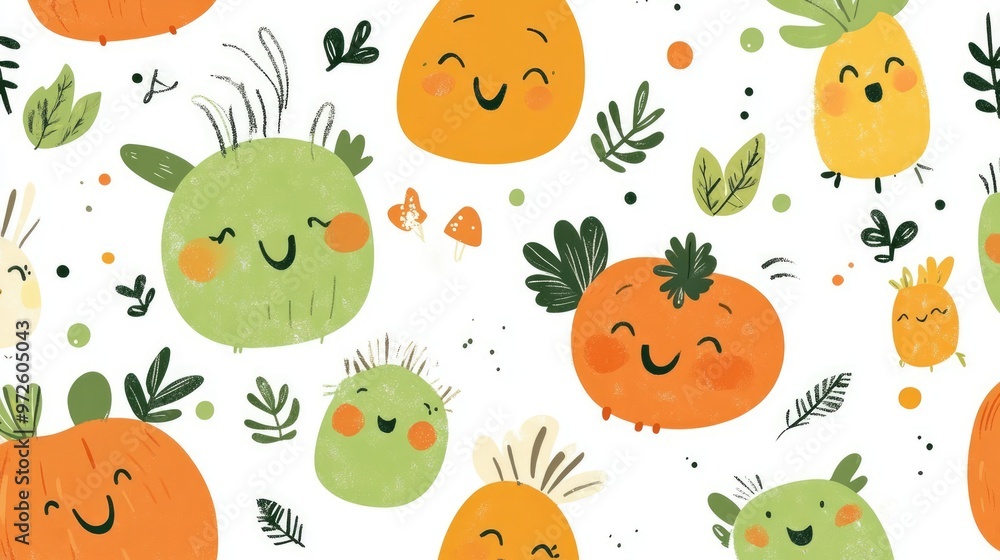 Seamless Design of Cute Green and Orange Cartoon Characters with Happy Expressions on White Background Seamless Design of Cute Green and Orange Cartoon Characters with Happy Expressions on White Background