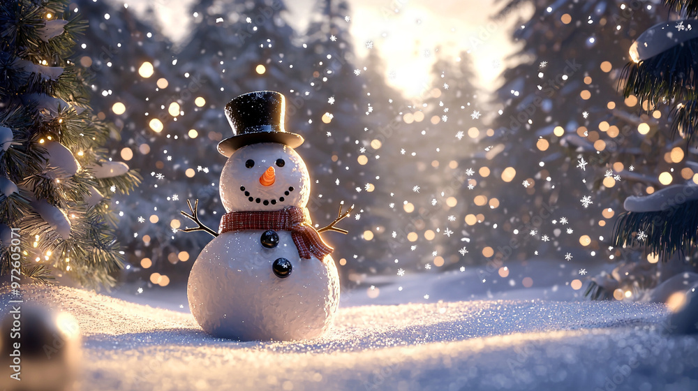Obraz premium A cheerful snowman standing in a snowy winter scene with festive decorations and a holiday vibe