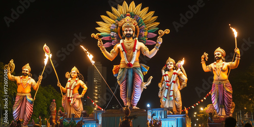 Ravana statue standing with others during dussehra festival celebration photo