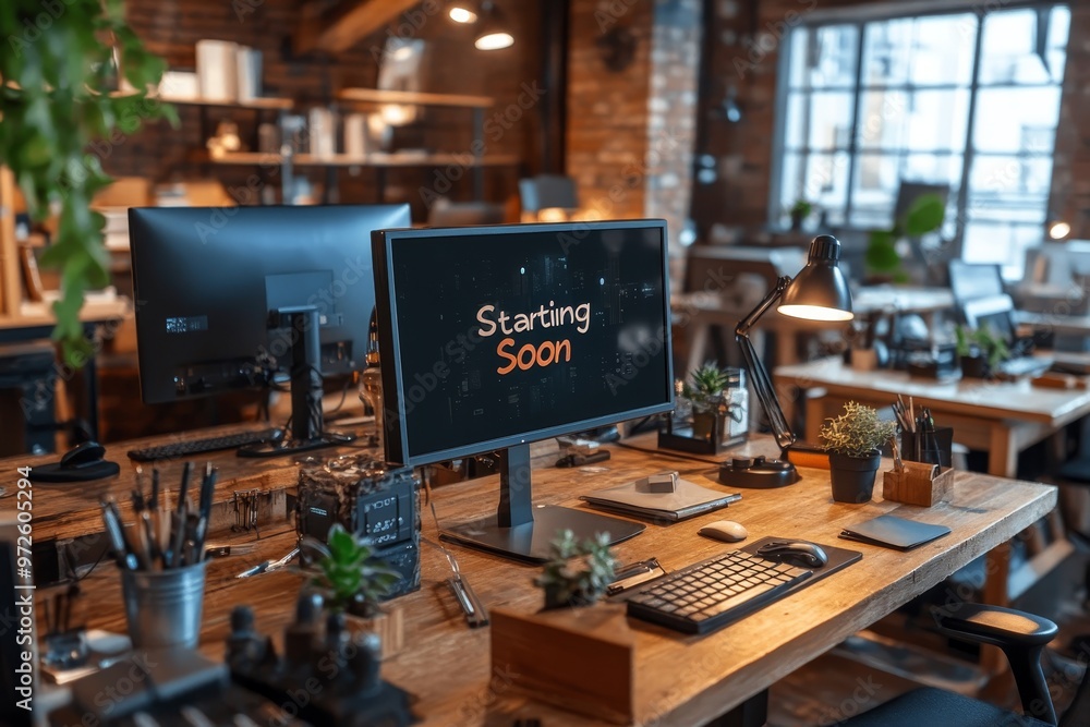 Modern workspace featuring a computer setup with a 'Starting Soon' screen in a cozy urban office environment Modern workspace featuring a computer setup with a 'Starting Soon' screen in a cozy urban office environment
