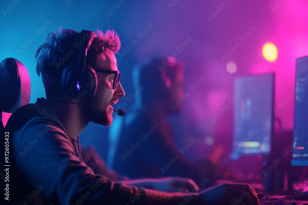 Competitive gamers focused on their screens during an esports tournament in a vibrant, neon-lit arena at night Competitive gamers focused on their screens during an esports tournament in a vibrant, neon-lit arena at night