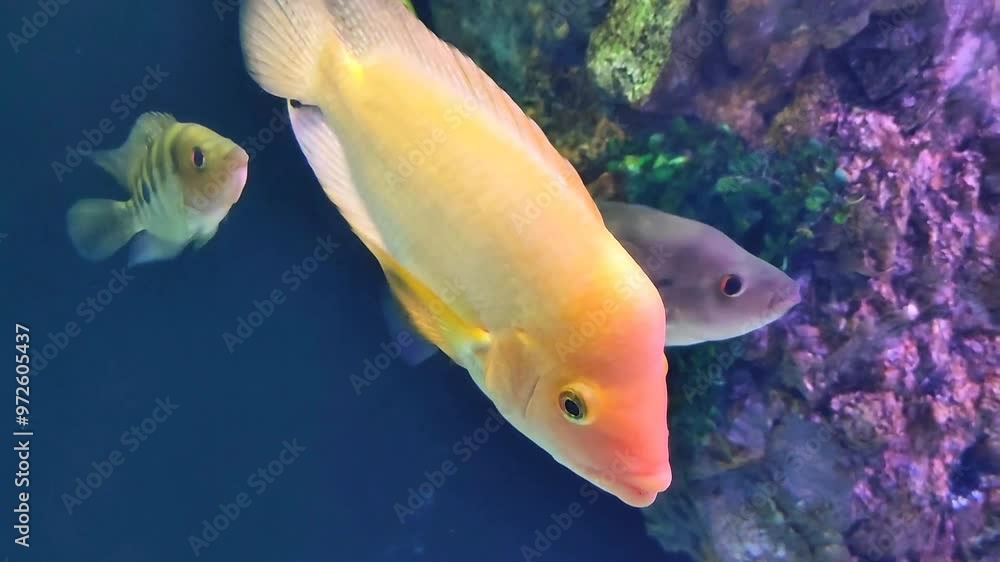 Decorative small yellow fish swimming in clear aquarium water Decorative small yellow fish swimming in clear aquarium water