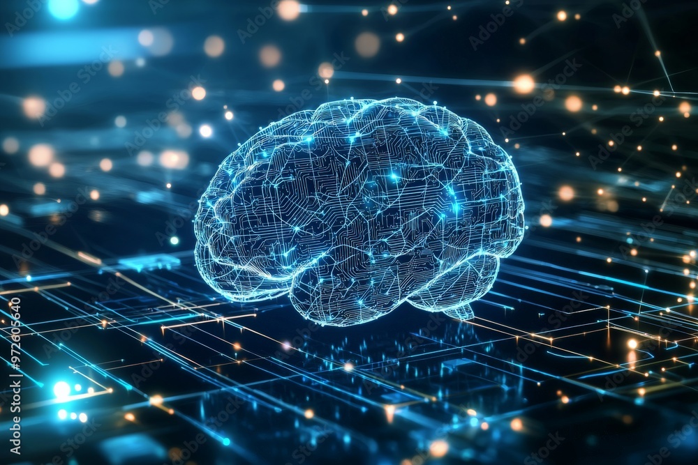 A digital brain representing AI integrated into cybersecurity, with ...