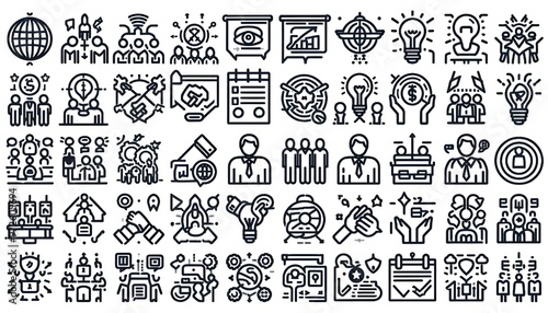 Set of 36 line icons related to society, teamwork, cooperation. Outline icon collection. Editable stroke. Vector illustration
