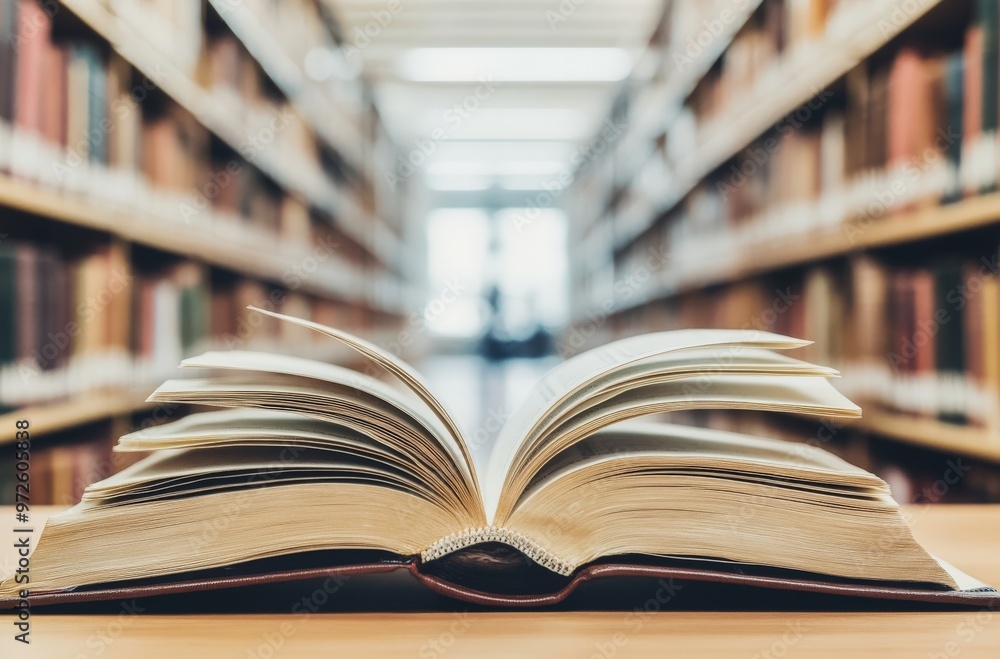 Open book in library aisle with shelves of books in soft focus Open book in library aisle with shelves of books in soft focus