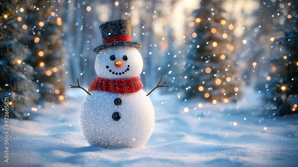 A cheerful snowman standing in a snowy winter scene with festive decorations and a holiday vibe