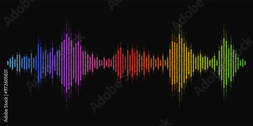 Vibrant noise stipple rainbow colorful vector sound waves flow isolated on black background for music or presentation background. Spectral color halftone grain, pointillism music frequency