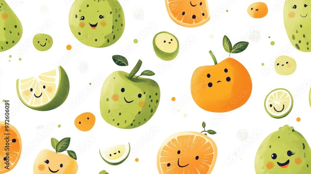 Seamless Design of Cute Green and Orange Cartoon Characters with Happy Expressions on White Background Seamless Design of Cute Green and Orange Cartoon Characters with Happy Expressions on White Background