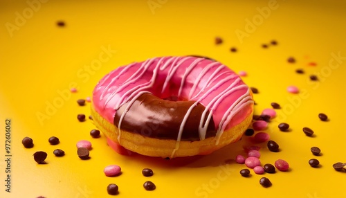 Chocollate and Pink Donut Spread on the Yellow Background Suitable for Web, Apps, Presentation, or Printable Meaning photo