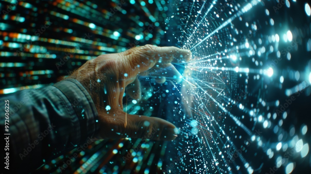 Photo of the metaverse universe, concept, digital neural network, businessman's hand touching, introduction of artificial intelligence, futuristic cyberspace, science and technology innovation. Photo of the metaverse universe, concept, digital neural network, businessman's hand touching, introduction of artificial intelligence, futuristic cyberspace, science and technology innovation.