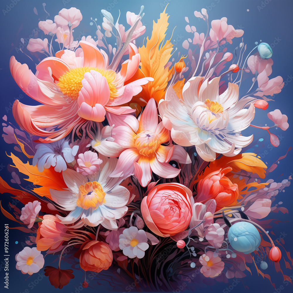 Fototapeta premium Colorful arrangement of vibrant flowers and leaves with artistic details against a blue background