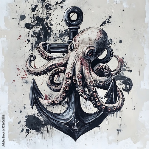 A Black Anchor with an Octopus Wrapped Around It photo