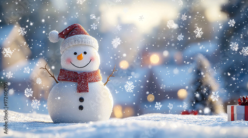 A cheerful snowman standing in a snowy winter scene with festive decorations and a holiday vibe