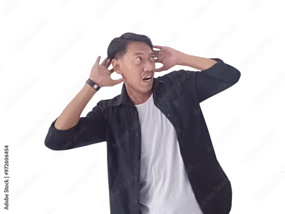 Surprised young handsome Asian man holding hands on heads, looking away with open mouth isolated on white background Surprised young handsome Asian man holding hands on heads, looking away with open mouth isolated on white background