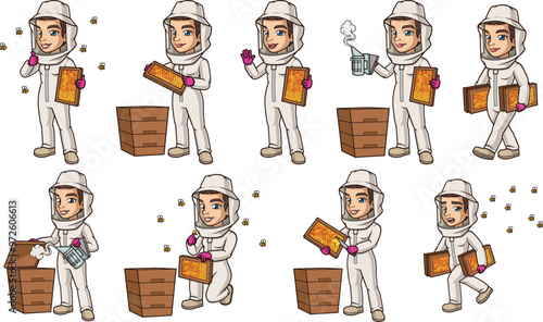 Female beekeeper working with honey bees and beehives. Vector cartoon illustrations bundle with each image on a separate layer.