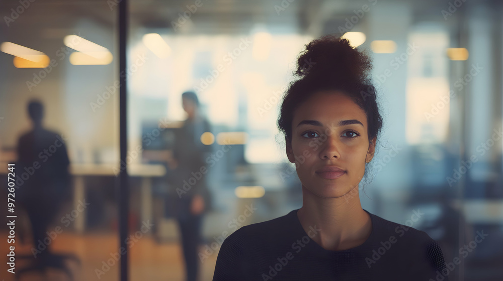 A diverse office setting with one person visibly excluded, highlighting workplace discrimination and exclusion, with a banner and copyspace A diverse office setting with one person visibly excluded, highlighting workplace discrimination and exclusion, with a banner and copyspace