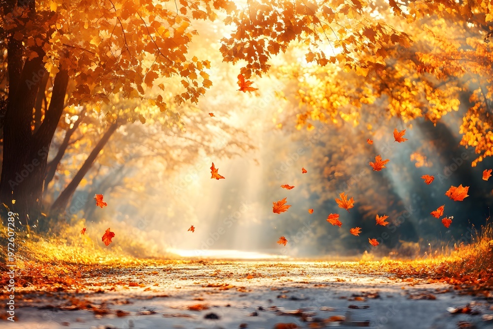 Fototapeta premium Sunlit pathway through vibrant autumn trees