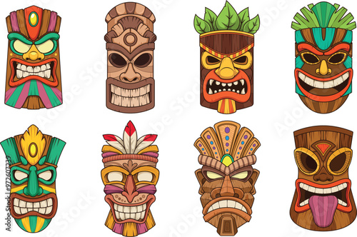 Cartoon tiki masks. Vector illustrations bundle with each image on a separate layer.