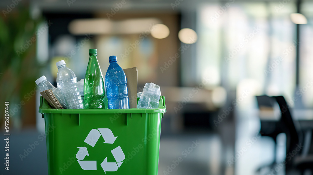 Office recycling bin filled with plastic bottles, promoting environmental awareness and responsible waste management with a green touch Office recycling bin filled with plastic bottles, promoting environmental awareness and responsible waste management with a green touch