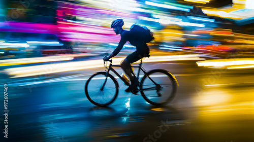 A fast-moving cyclist in a busy nighttime city, streets lit up with motion blur, capturing the thrill of urban biking