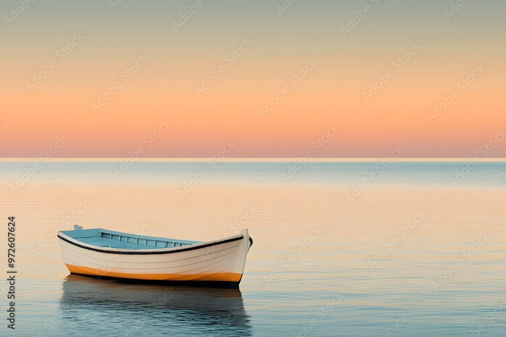 Small boat floating on a calm sea at dusk Small boat floating on a calm sea at dusk
