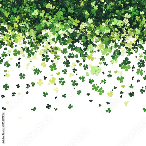 Shamrock Confetti Falling on White Background, Festive Clover Leaves in Various Shades of Green