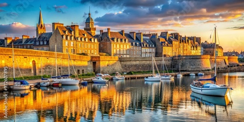 Historic fortified walls and picturesque cobblestone streets of Saint-Malo, Brittany, France, with ancient architecture