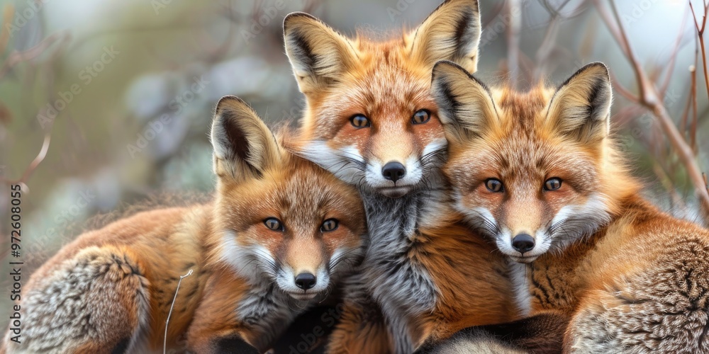 Close-up of a red fox from the Vulpes genus Family portrait of the foxes, filled with charm and happiness Close-up of a red fox from the Vulpes genus Family portrait of the foxes, filled with charm and happiness