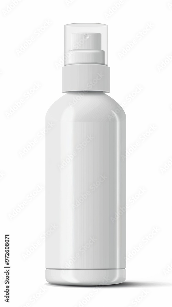 Empty white spray bottle standing on a clean surface with a shadow, ideal for custom labeling or product packaging design Empty white spray bottle standing on a clean surface with a shadow, ideal for custom labeling or product packaging design