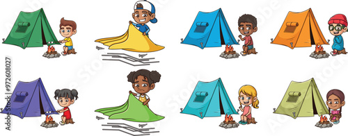 Cartoon kids camping. Vector illustrations bundle with each image on a separate layer.