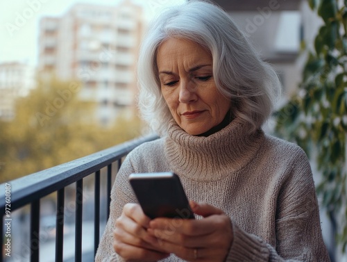 An Elderly Woman Engrossed in Her Phone