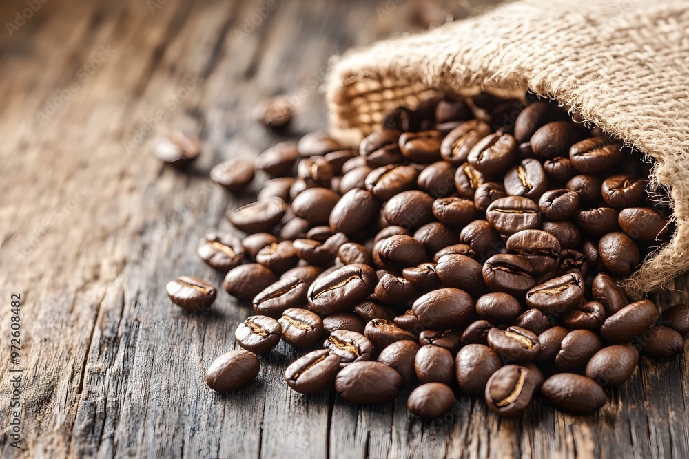 Fresh roasted coffee beans scattered on a rustic table Fresh roasted coffee beans scattered on a rustic table