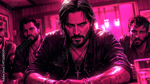 A modern stylized depiction of a contemplative figure surrounded by followers bathed in vibrant pink lighting. photo