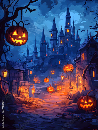 Halloween celebration V4, castles, pumpkin, colored cartoon style, 4K, 4:3