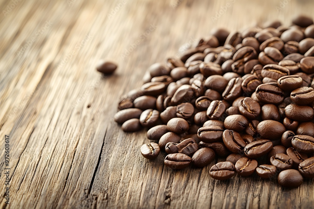 Fresh roasted coffee beans scattered on a rustic table Fresh roasted coffee beans scattered on a rustic table