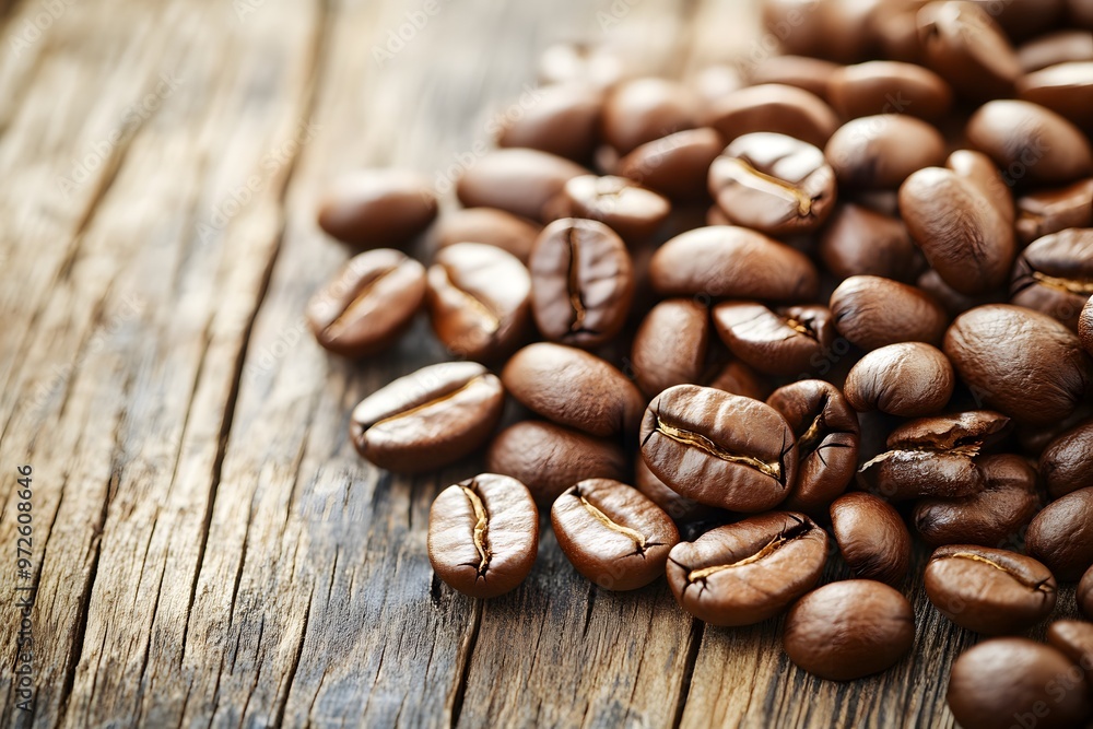 Fresh roasted coffee beans scattered on a rustic table background Fresh roasted coffee beans scattered on a rustic table background