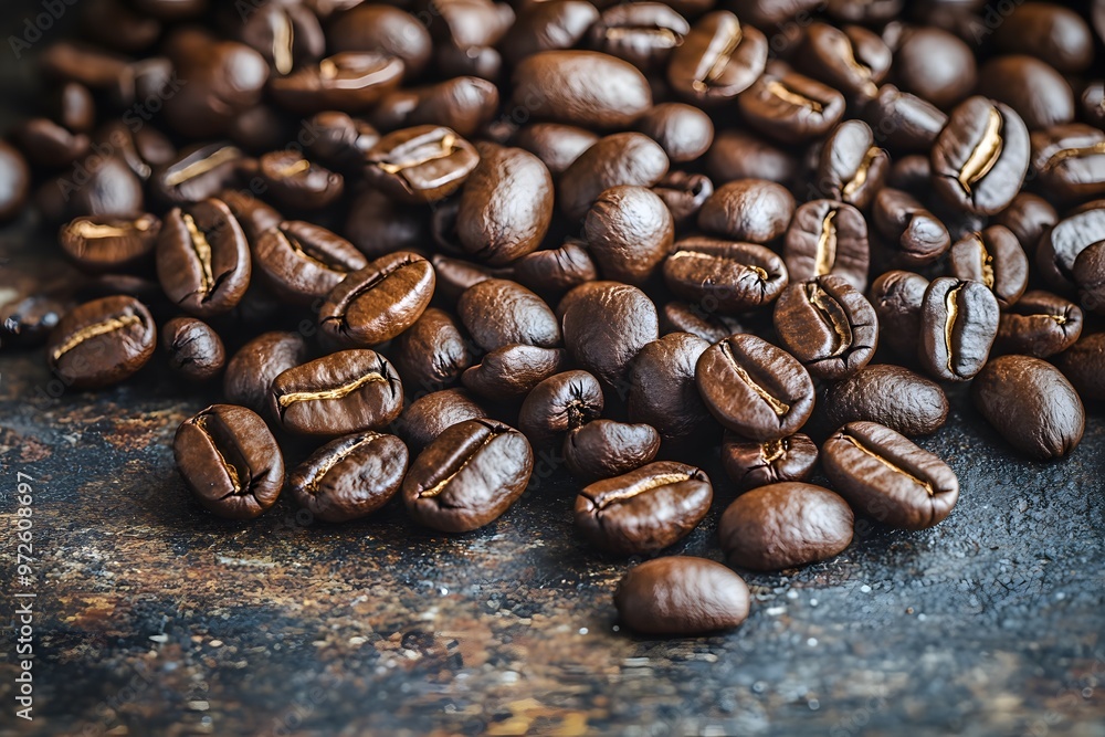 Fresh roasted coffee beans scattered on a rustic table Fresh roasted coffee beans scattered on a rustic table