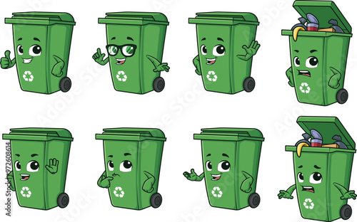 Recycling bin cartoon character. Vector illustrations bundle with each image on a separate layer.