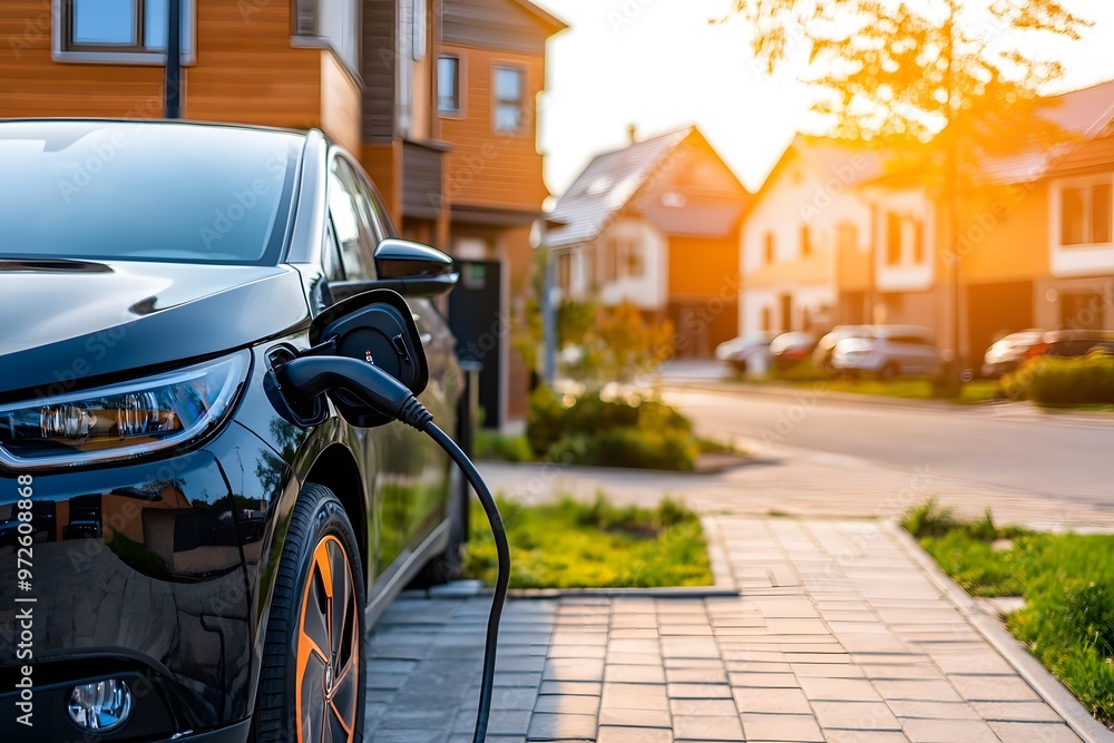 Electric car plugged into charging station Electric car plugged into charging station