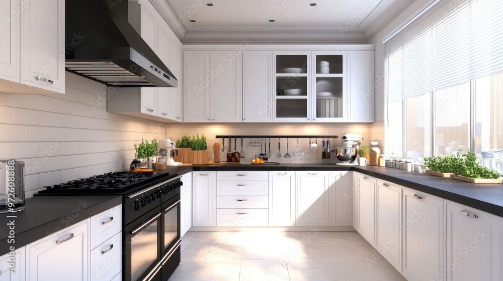 An open-concept kitchen with white cabinets, a black stove, and stainless steel appliances, providing a contemporary and stylish look. An open-concept kitchen with white cabinets, a black stove, and stainless steel appliances, providing a contemporary and stylish look.
