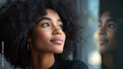 A serene and confident woman gazes at her reflection in a mirror, highlighting her smooth and rejuvenated facial features after a successful cosmetic procedure. photo