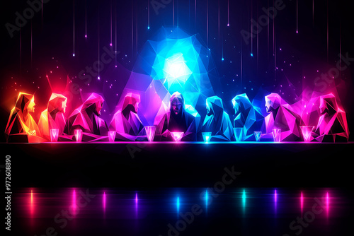 Modern stylized depiction of The Last Supper with Jesus and His disciples in vibrant colors and geometric forms.