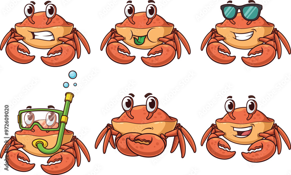 Fototapeta premium Cute red crab cartoon character. Vector illustrations bundle with each image on a separate layer.
