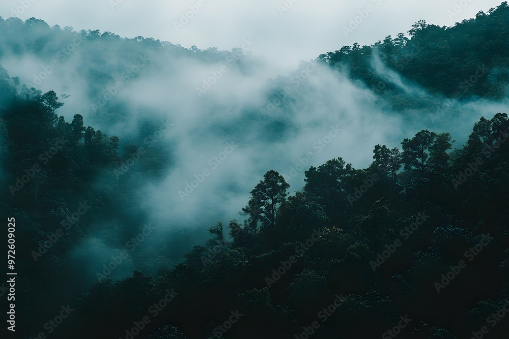 Dense fog slowly rolling over a range of mountain Dense fog slowly rolling over a range of mountain