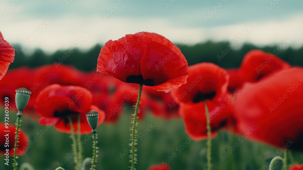 Fototapeta premium A field of red poppies in a green grassy area, AI