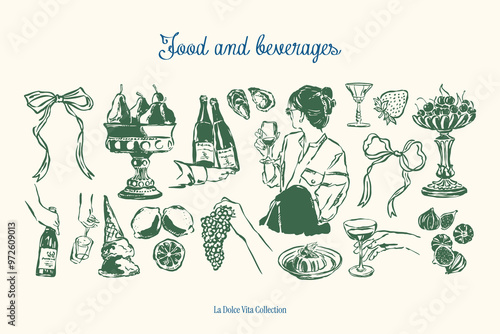 Minimalist hand drawn food and beverages vector illustration collection. Art for greeting cards, wedding invitations, poster design, postcards, branding, logo design, background.