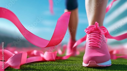 Public fundraising walk for breast cancer awareness supporters in pink ribbons UHD stock photography